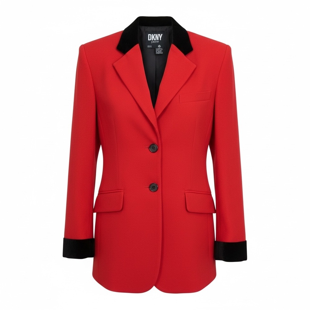 DKNY Red Wool Blazer with Black Velvet Trim 2P